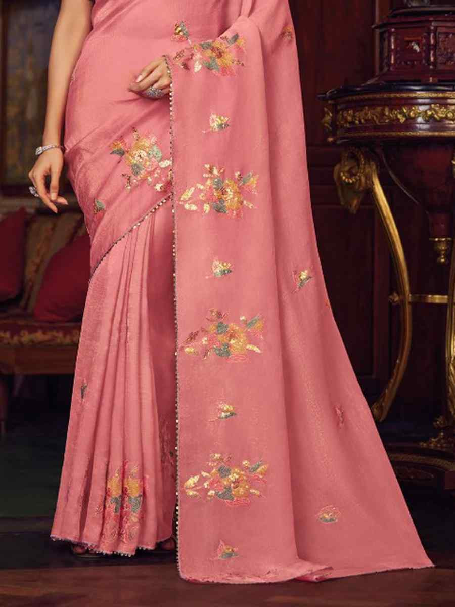 Pink Shimmer Chiffon Handwoven Festival Wedding Heavy Border Saree