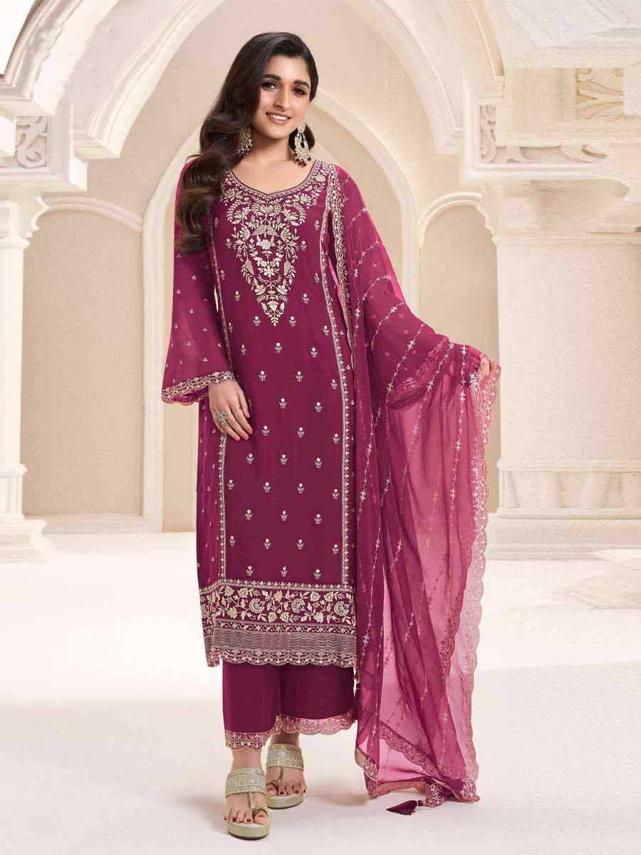 Pink Silk Chiffon Embroidered Festival Wedding Pant Salwar Kameez