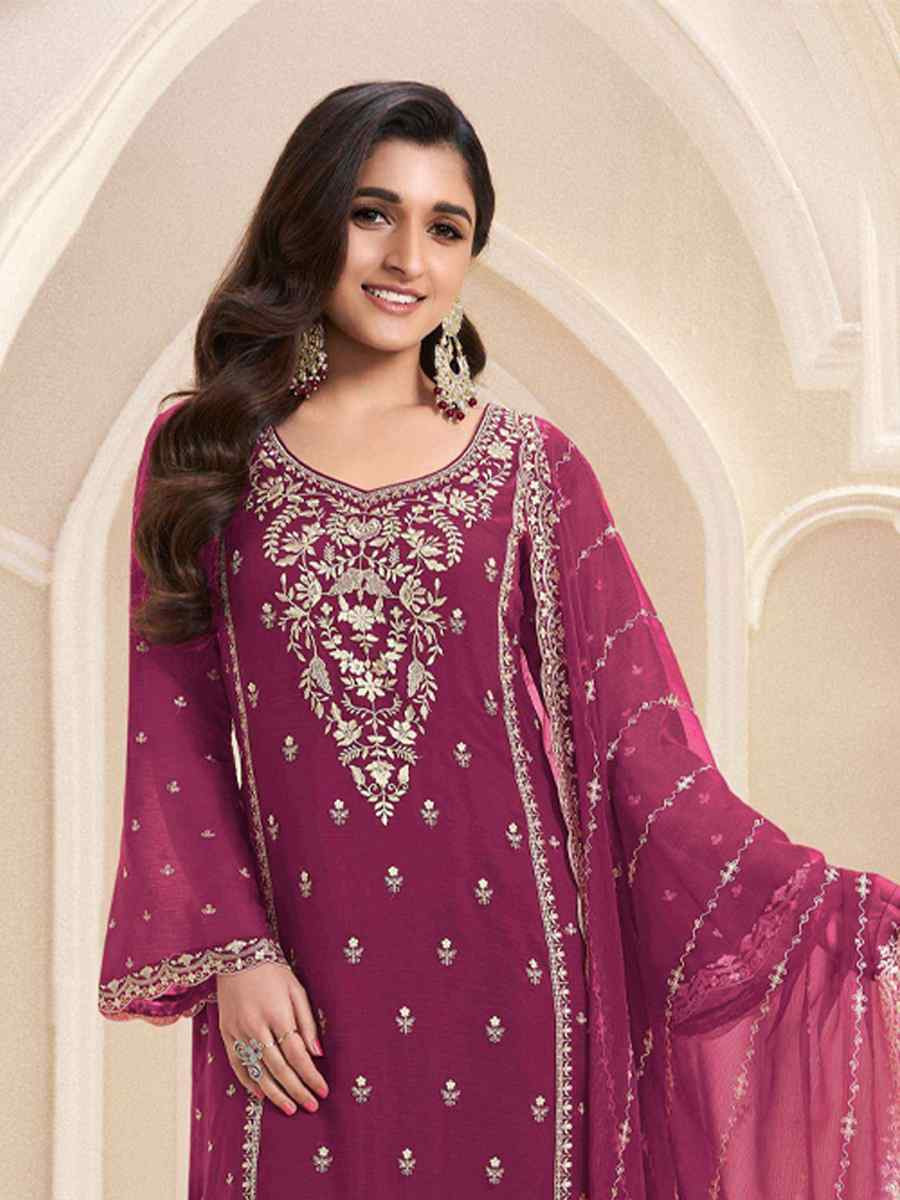 Pink Silk Chiffon Embroidered Festival Wedding Pant Salwar Kameez