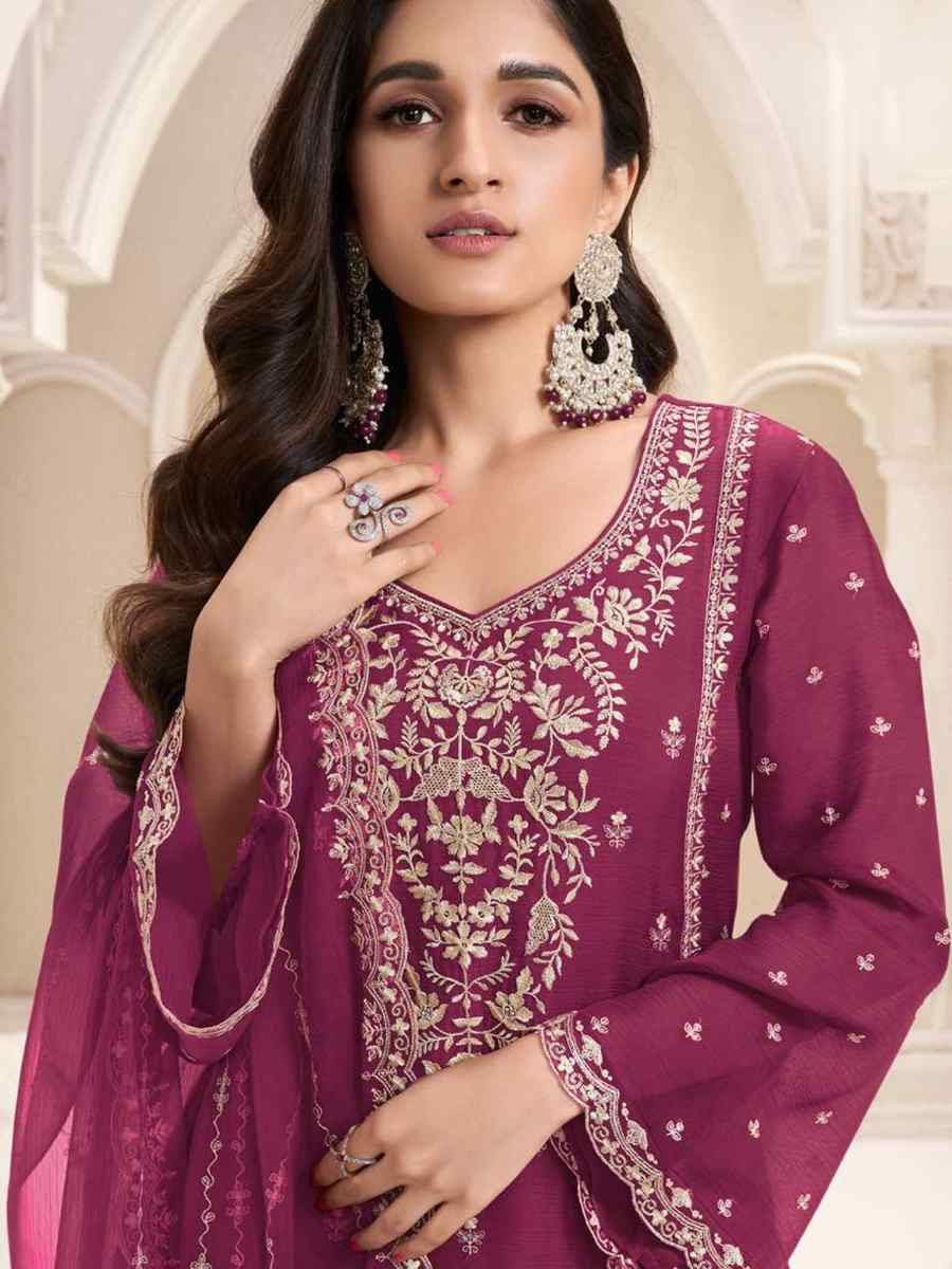 Pink Silk Chiffon Embroidered Festival Wedding Pant Salwar Kameez