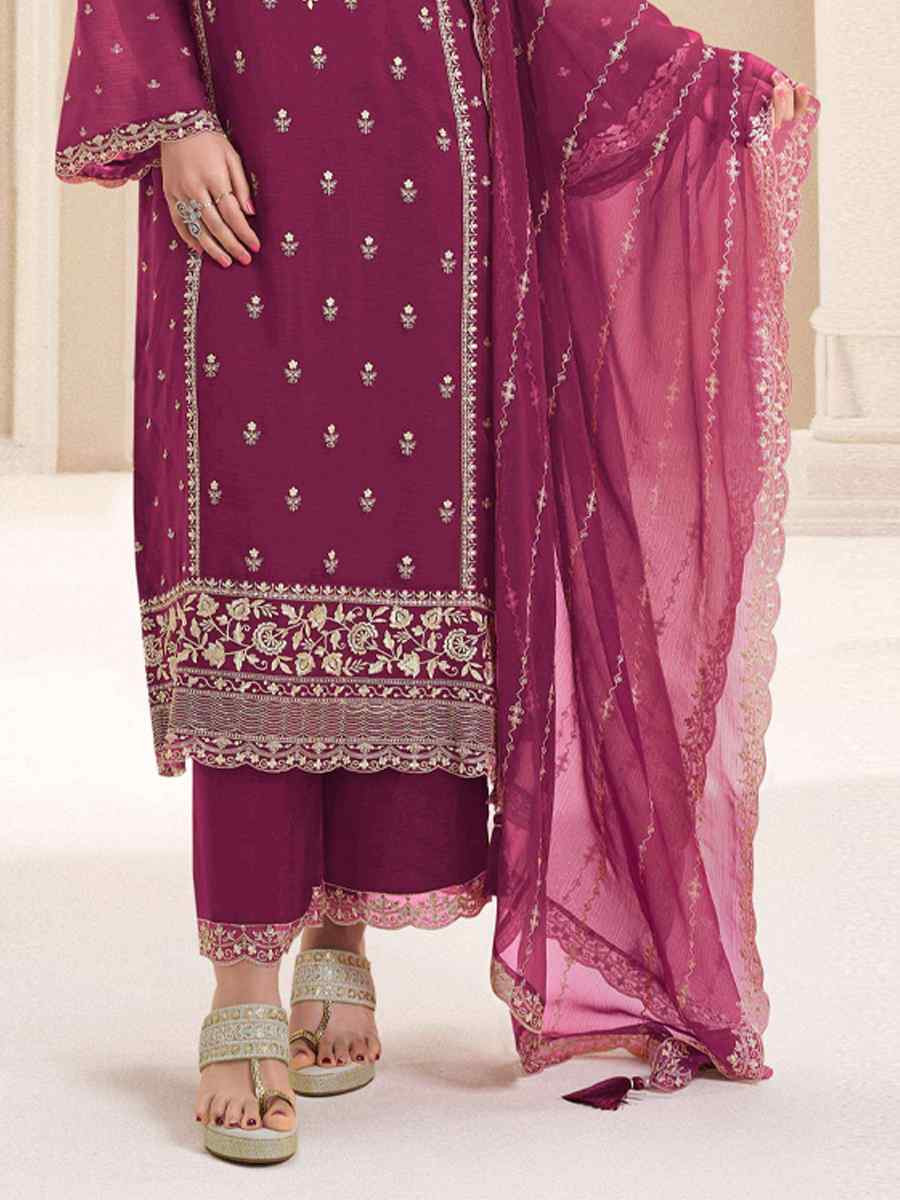 Pink Silk Chiffon Embroidered Festival Wedding Pant Salwar Kameez