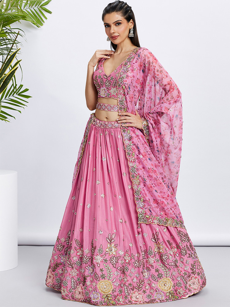 Pink Silk Chiffon Embroidered Reception Party Wear Heavy Border Lehenga Choli