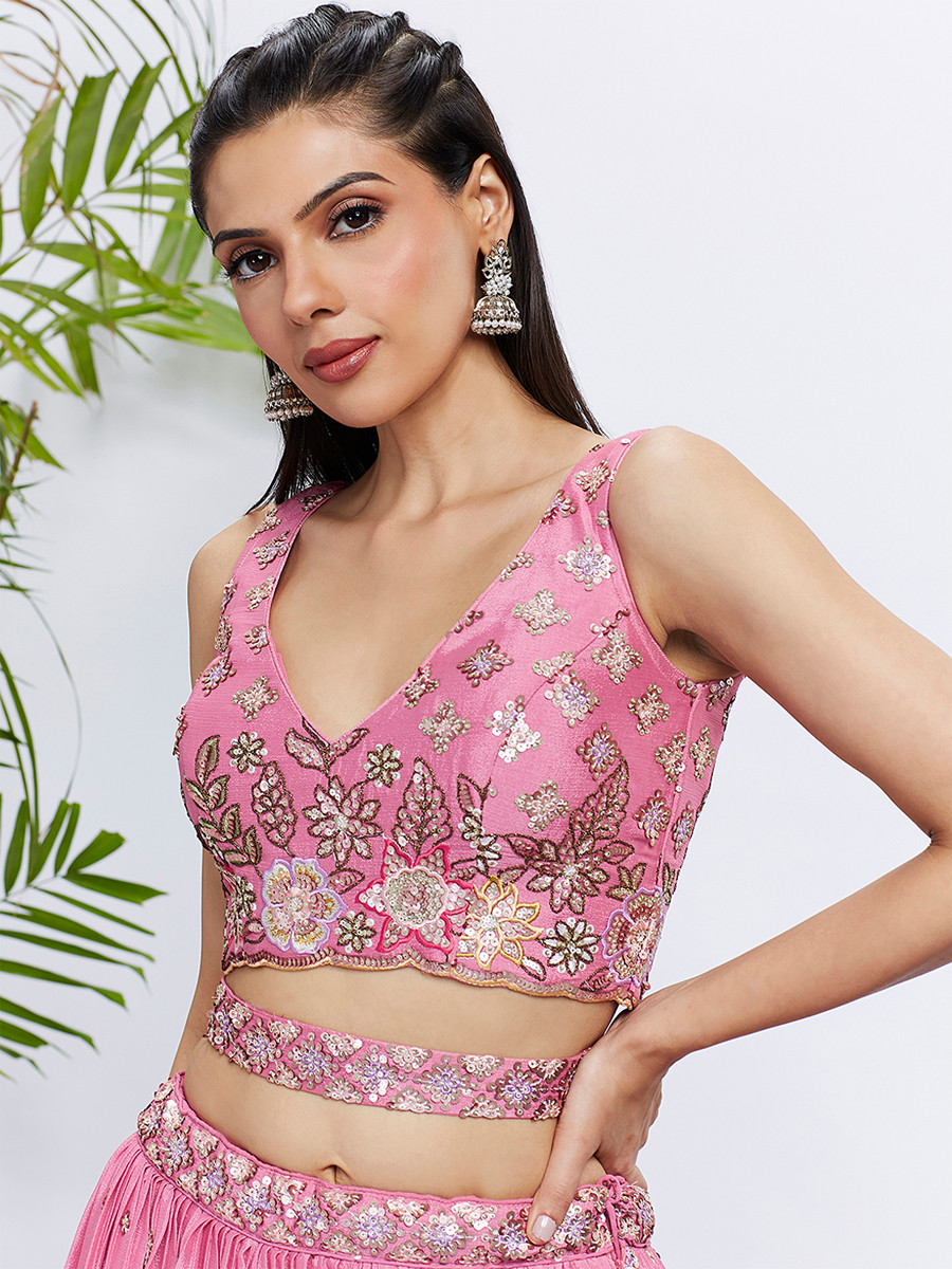 Pink Silk Chiffon Embroidered Reception Party Wear Heavy Border Lehenga Choli