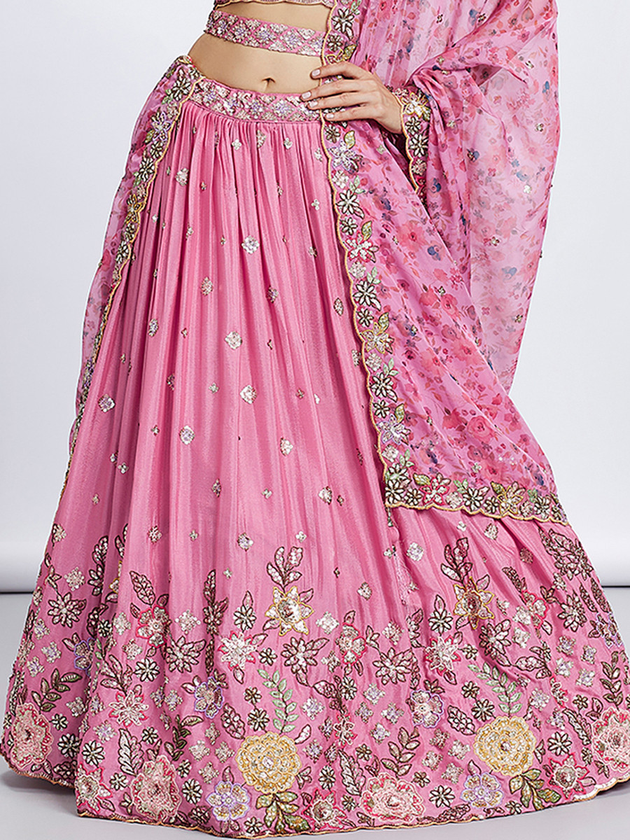 Pink Silk Chiffon Embroidered Reception Party Wear Heavy Border Lehenga Choli