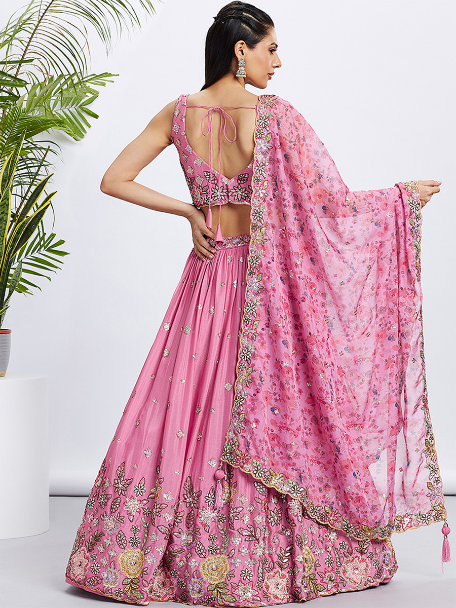 Pink Silk Chiffon Embroidered Reception Party Wear Heavy Border Lehenga Choli