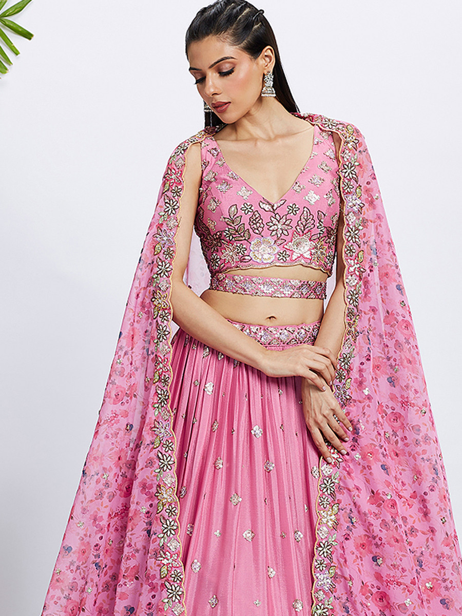 Pink Silk Chiffon Embroidered Reception Party Wear Heavy Border Lehenga Choli