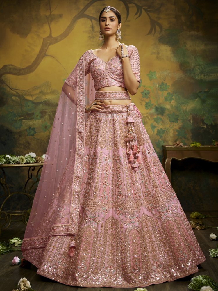 Peach Pink Heavy Embroidered Silk Lehenga Choli AA110 – Anaara ethnic