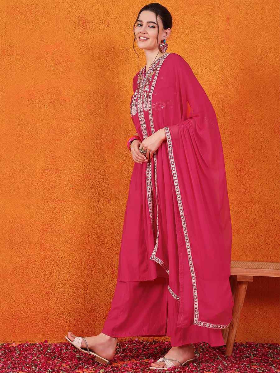 Pink Silk Embroidered Festival Wedding Ready Palazzo Pant Salwar Kameez