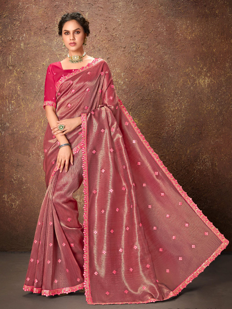 Pink Silk Embroidered Reception Party Heavy Border Saree