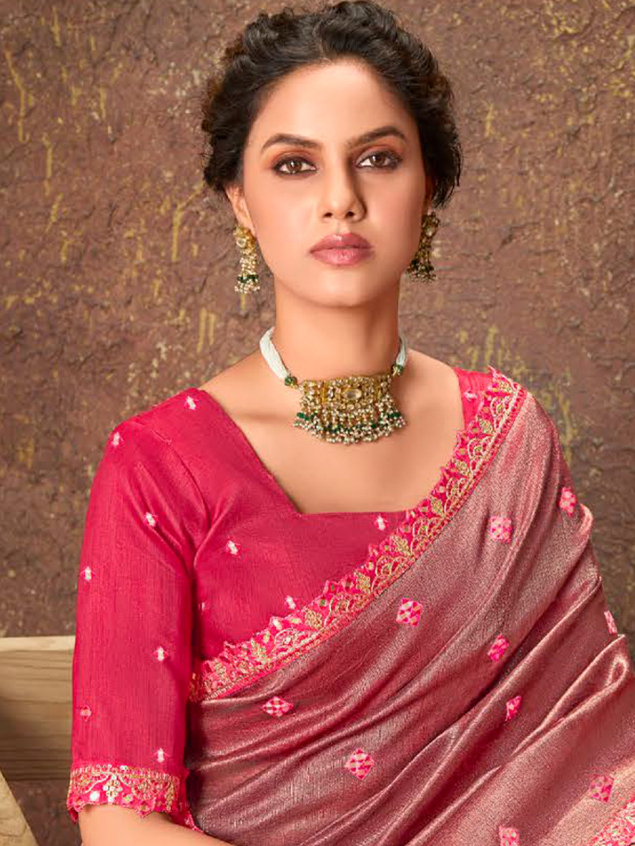 Pink Silk Embroidered Reception Party Heavy Border Saree