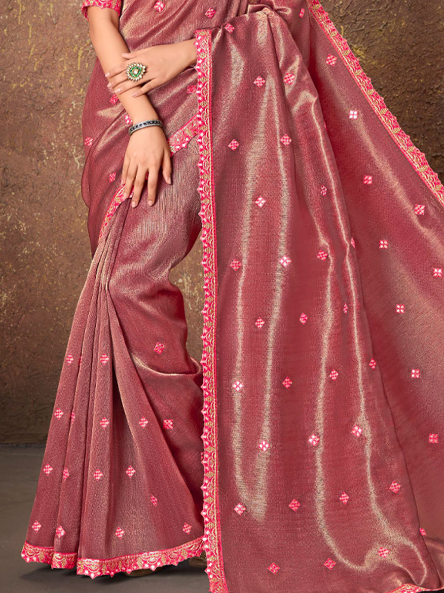 Pink Silk Embroidered Reception Party Heavy Border Saree