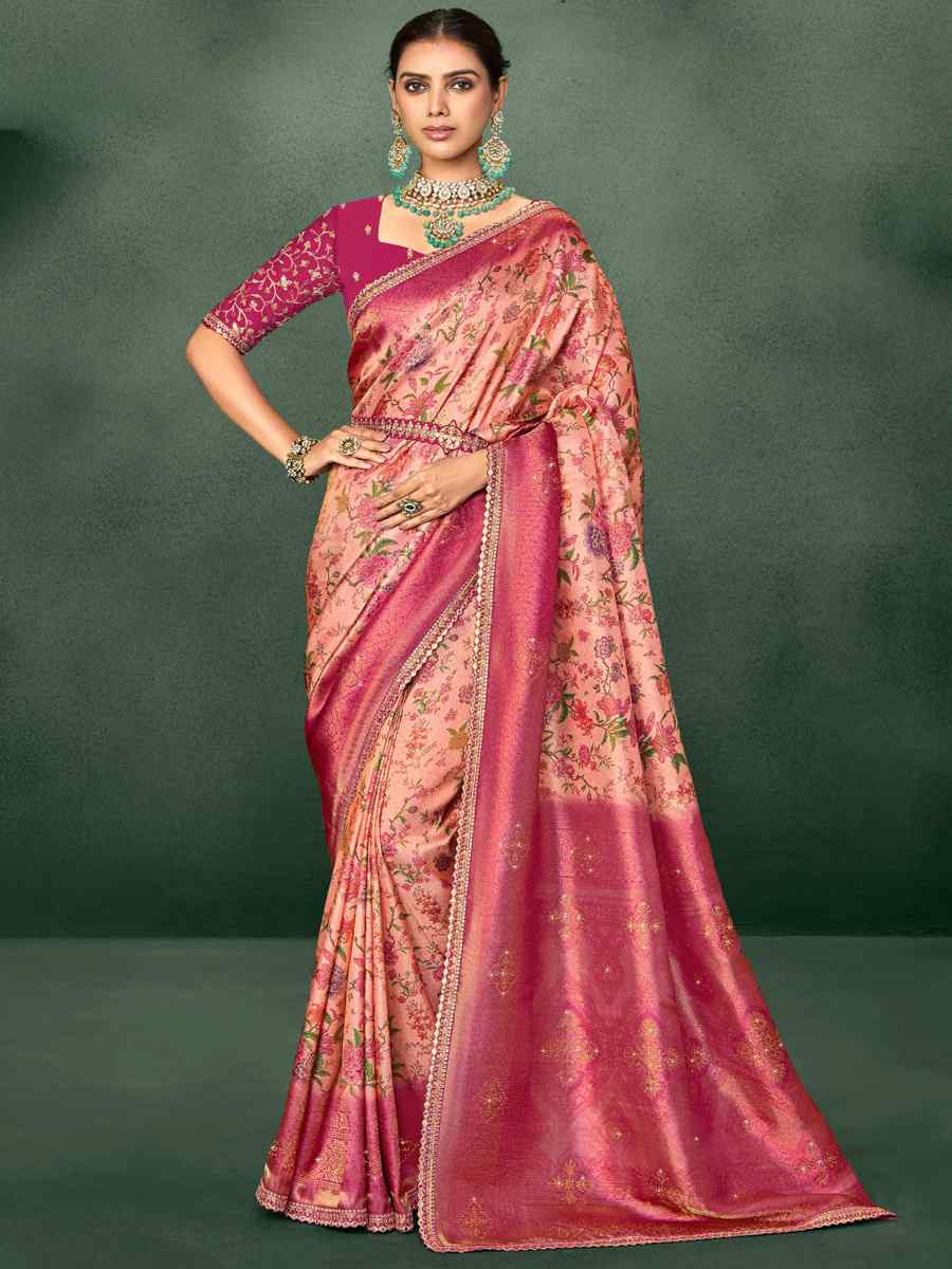 Pink Silk Embroidered Reception Party Heavy Border Saree