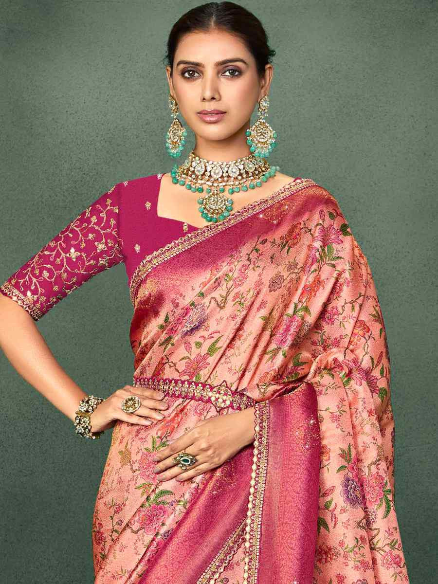 Pink Silk Embroidered Reception Party Heavy Border Saree