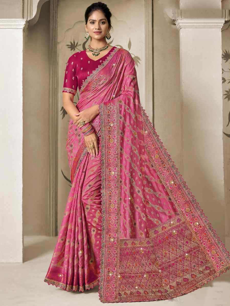 Pink Silk Embroidered Reception Wedding Heavy Border Saree