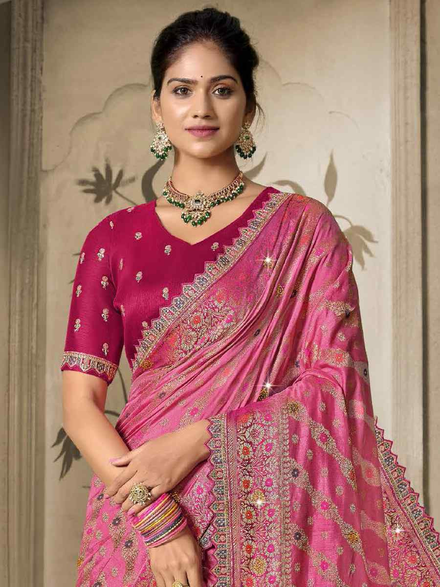 Pink Silk Embroidered Reception Wedding Heavy Border Saree