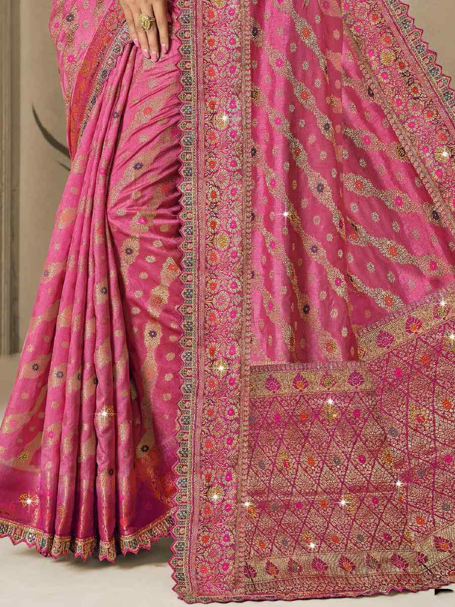 Pink Silk Embroidered Reception Wedding Heavy Border Saree