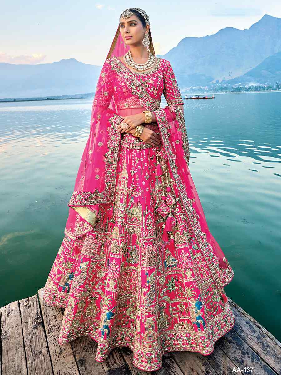 Pink Silk Embroidered Wedding Bridal Heavy Border Lehenga Choli