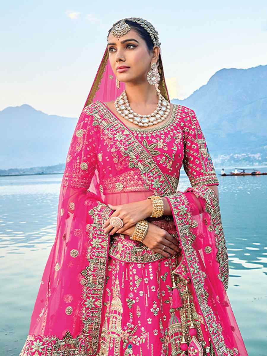 Pink Silk Embroidered Wedding Bridal Heavy Border Lehenga Choli