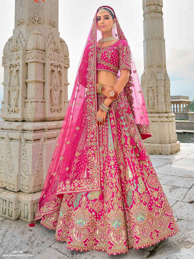 Pink Silk Embroidered Wedding Bridal Heavy Border Lehenga Choli