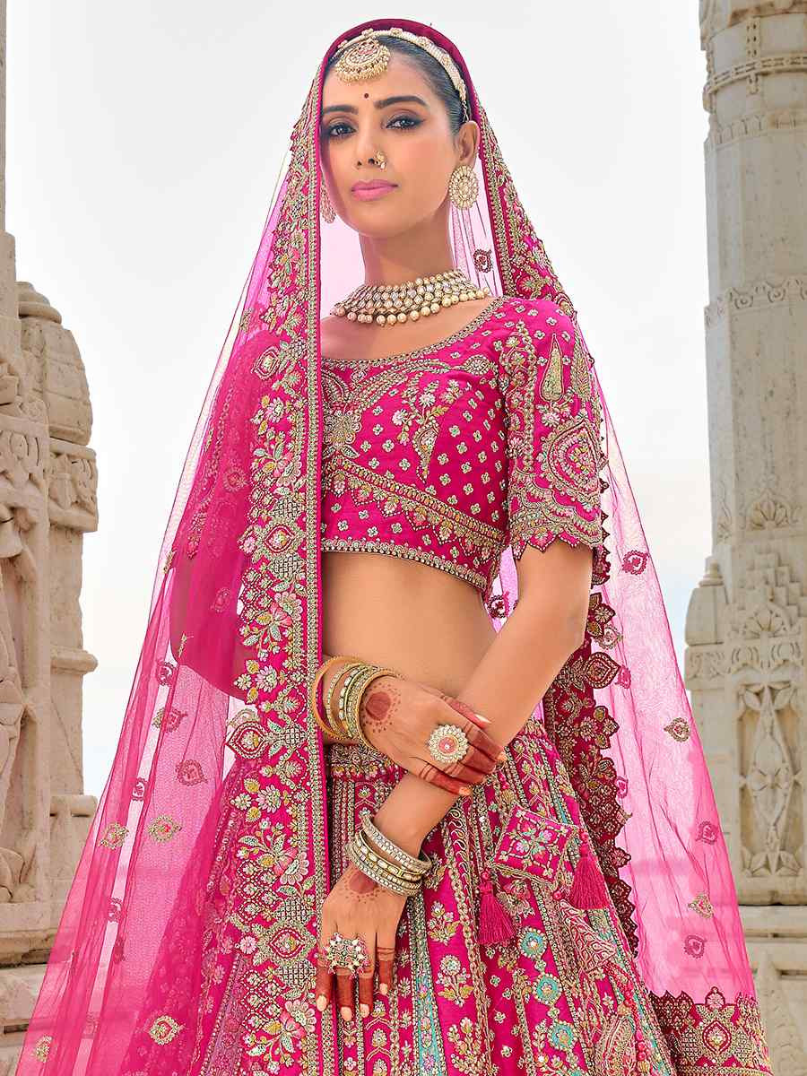 Pink Silk Embroidered Wedding Bridal Heavy Border Lehenga Choli