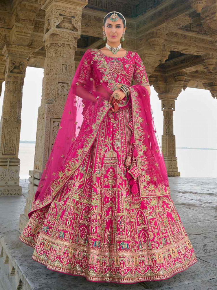 Pink Silk Embroidered Wedding Bridal Heavy Border Lehenga Choli