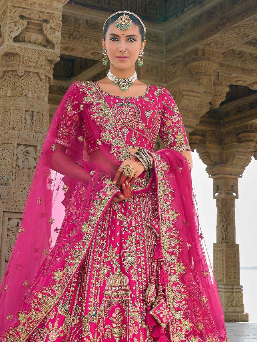 Pink Silk Embroidered Wedding Bridal Heavy Border Lehenga Choli