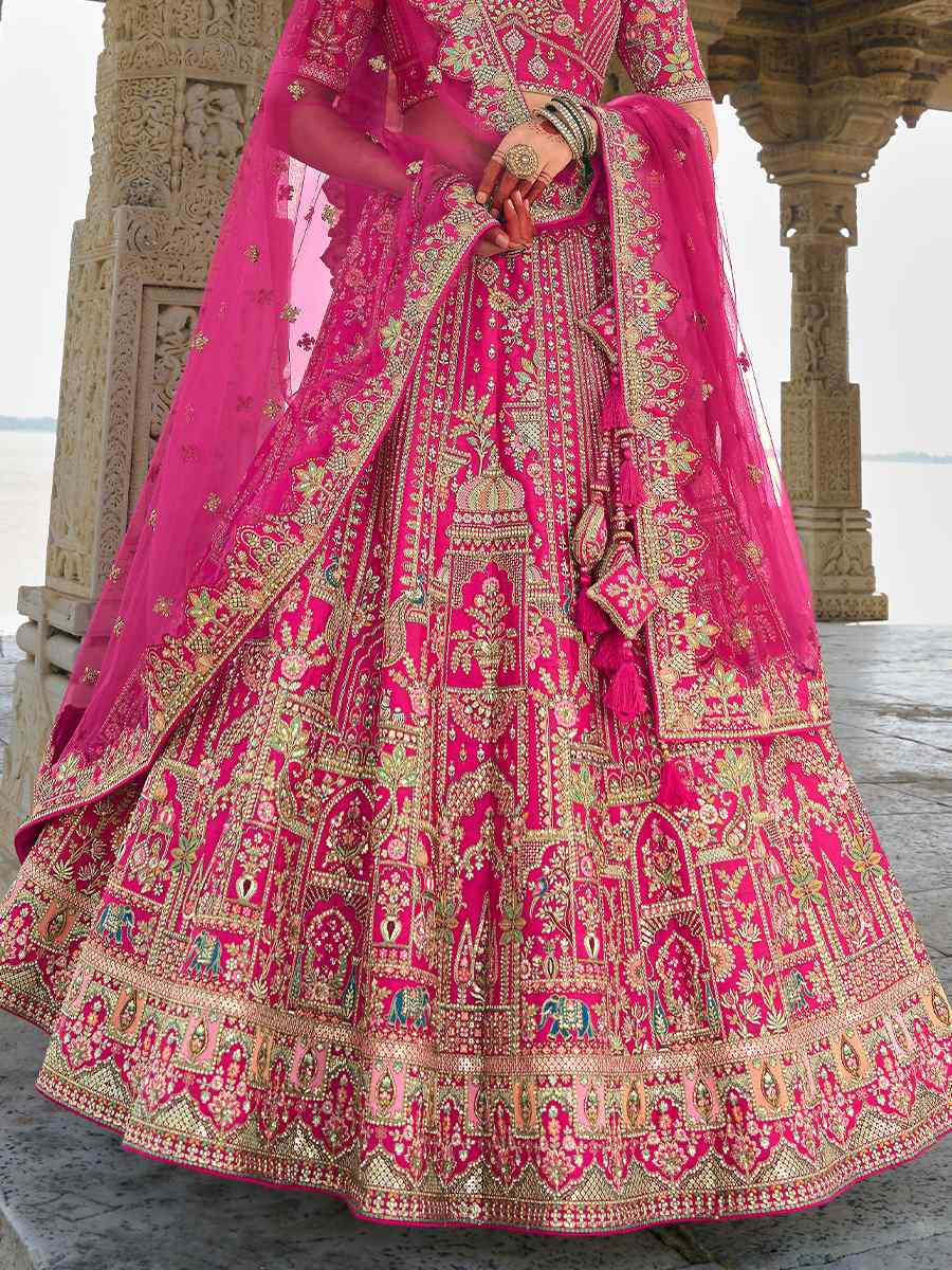 Pink Silk Embroidered Wedding Bridal Heavy Border Lehenga Choli