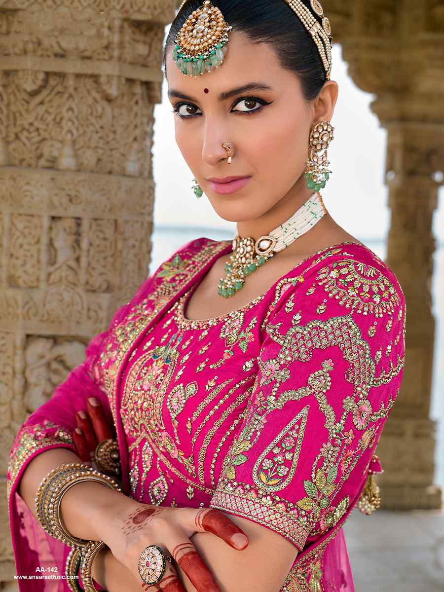 Pink Silk Embroidered Wedding Bridal Heavy Border Lehenga Choli