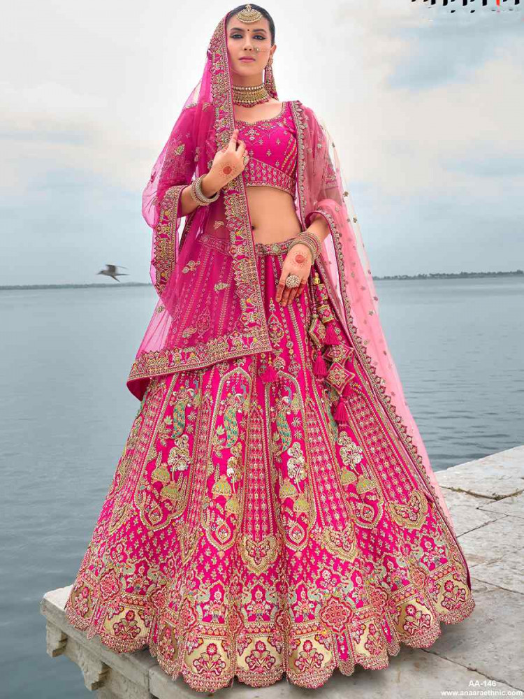 Pink Silk Embroidered Wedding Bridal Heavy Border Lehenga Choli