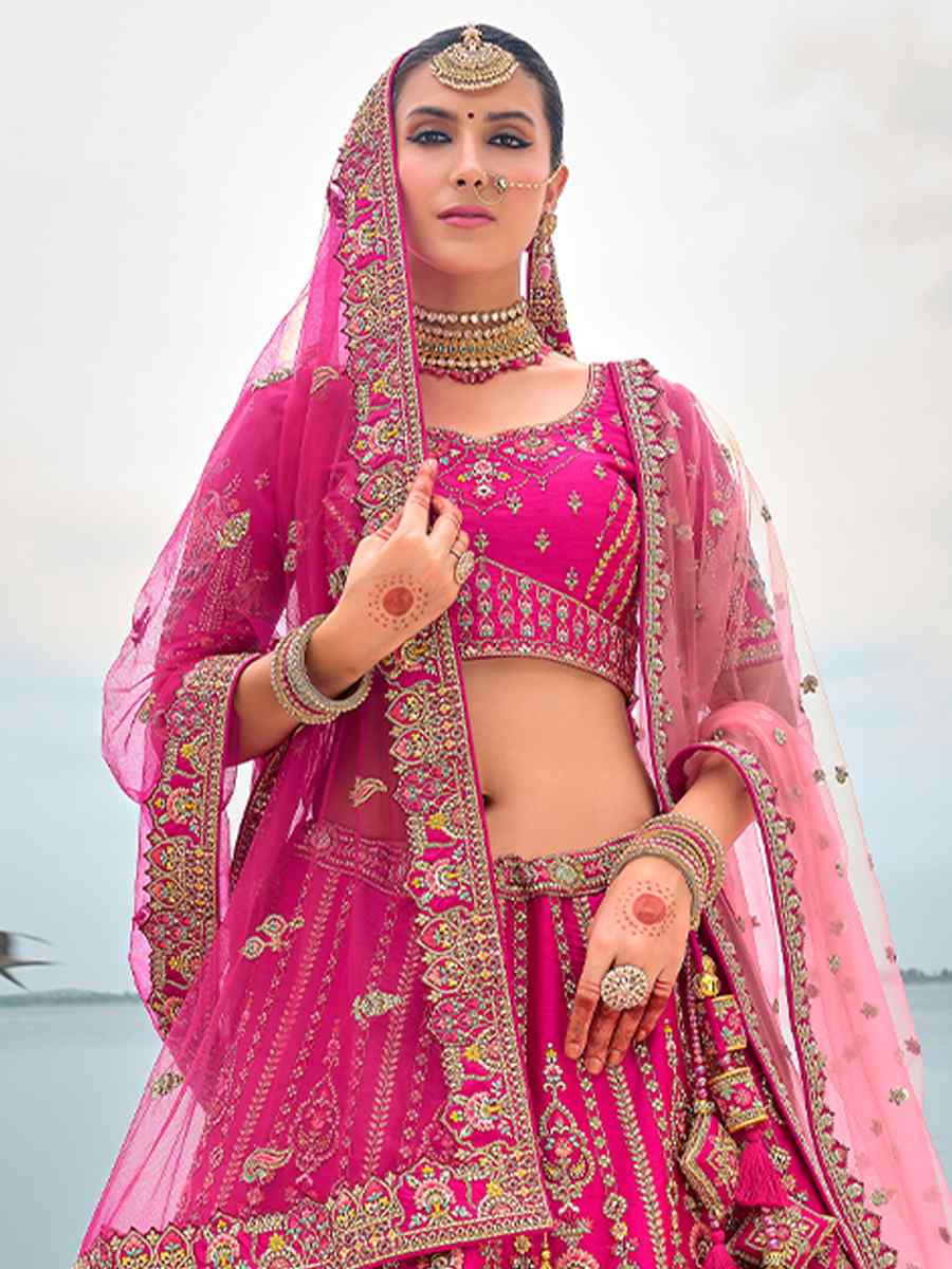 Pink Silk Embroidered Wedding Bridal Heavy Border Lehenga Choli