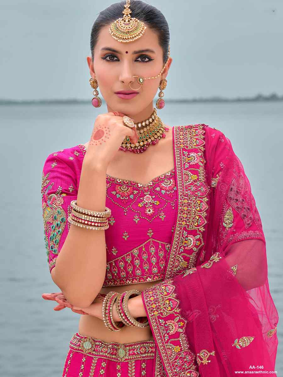 Pink Silk Embroidered Wedding Bridal Heavy Border Lehenga Choli