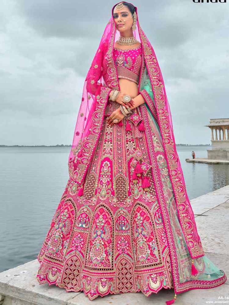 Pink Silk Embroidered Wedding Bridal Heavy Border Lehenga Choli