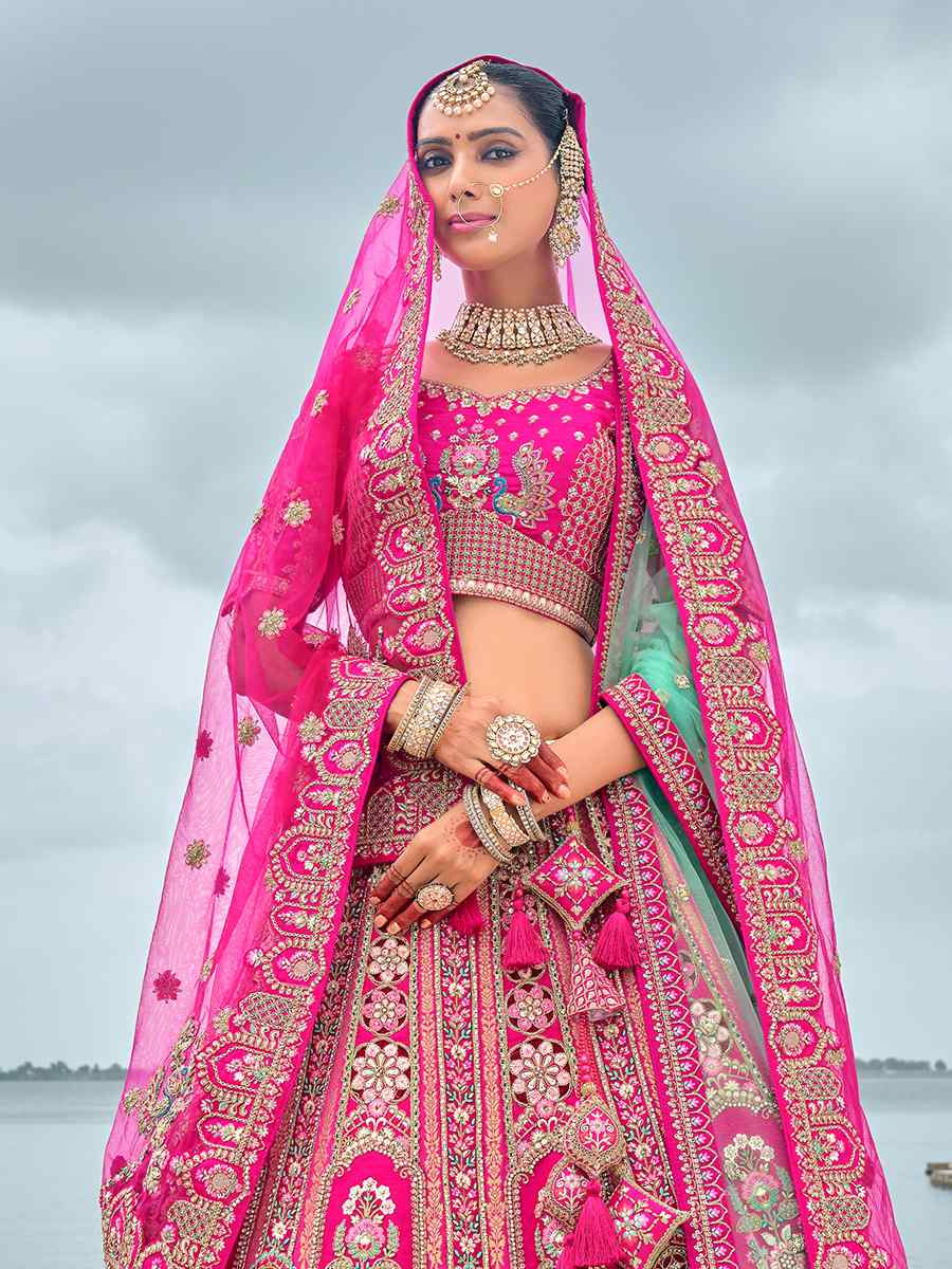 Pink Silk Embroidered Wedding Bridal Heavy Border Lehenga Choli