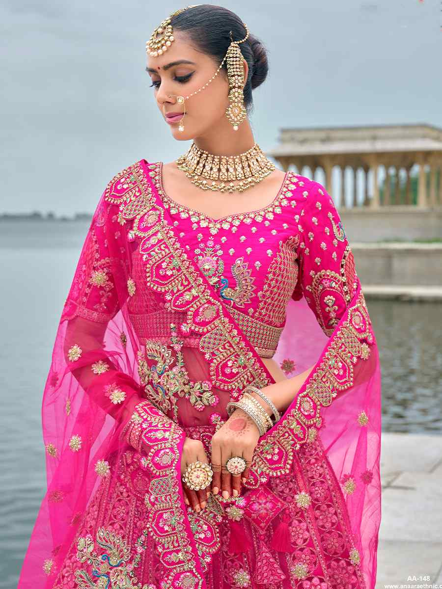 Pink Silk Embroidered Wedding Bridal Heavy Border Lehenga Choli