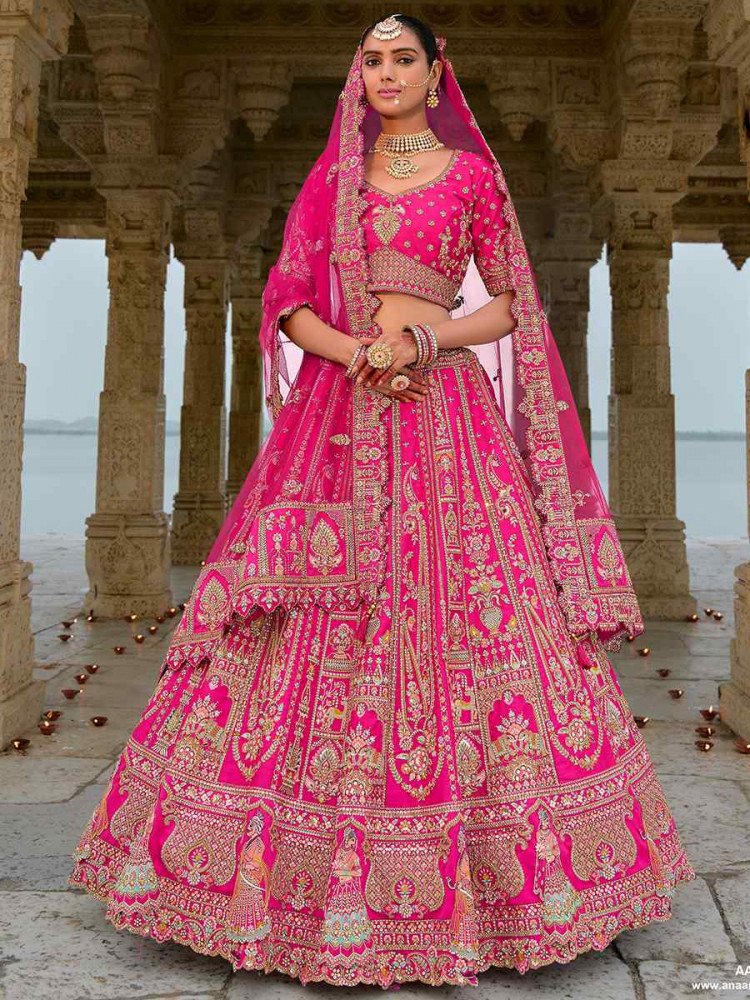 Pink Silk Embroidered Wedding Bridal Heavy Border Lehenga Choli