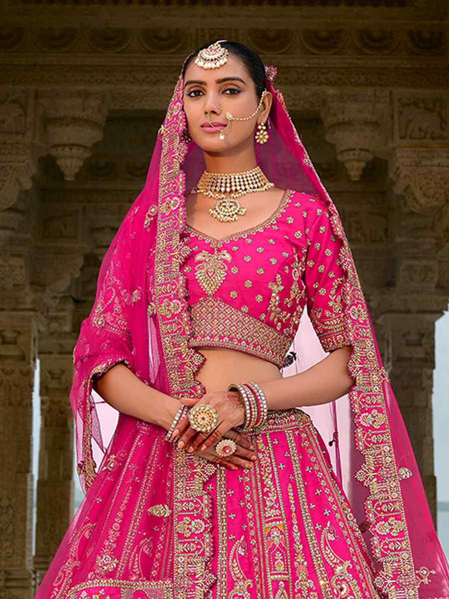 Pink Silk Embroidered Wedding Bridal Heavy Border Lehenga Choli