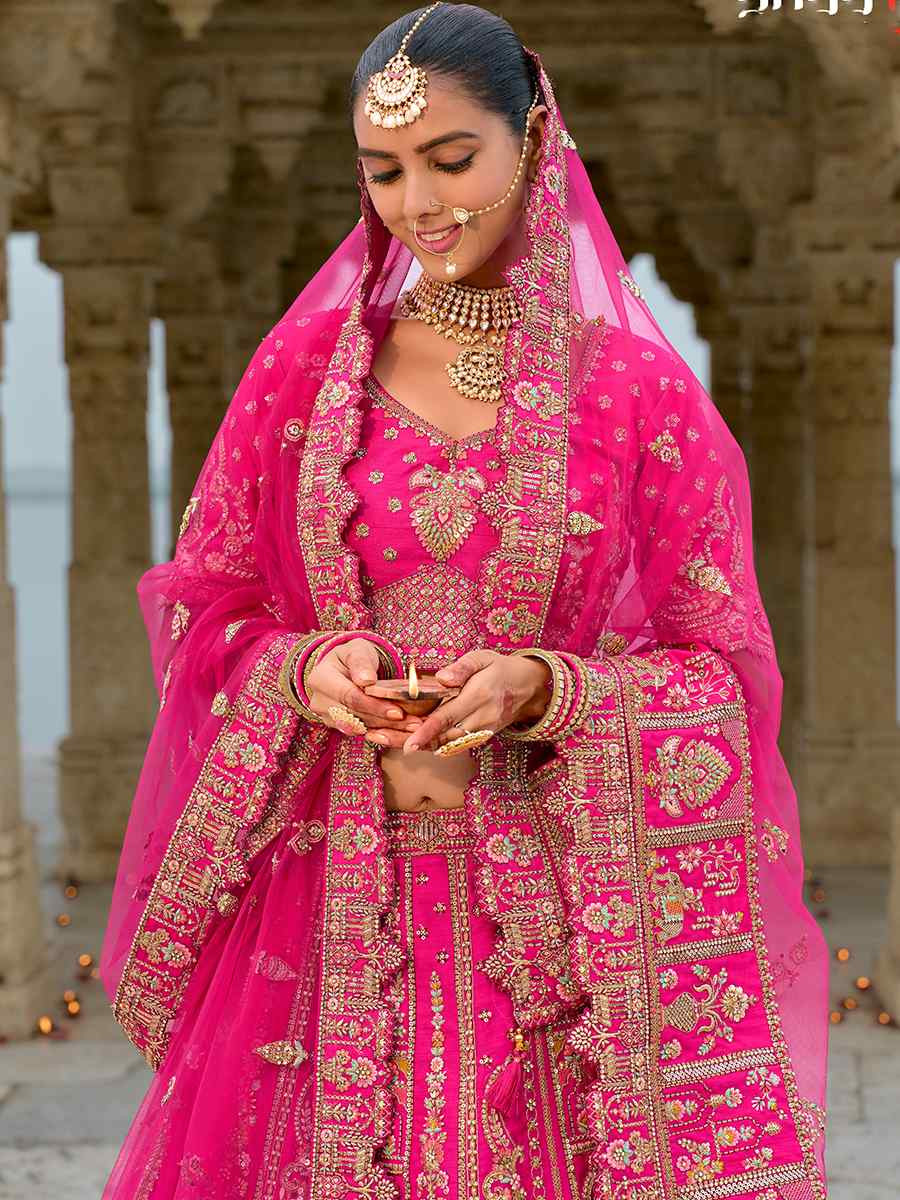 Pink Silk Embroidered Wedding Bridal Heavy Border Lehenga Choli