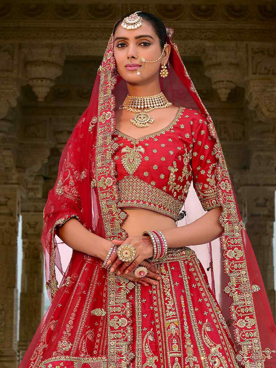 Pink Silk Embroidered Wedding Bridal Heavy Border Lehenga Choli