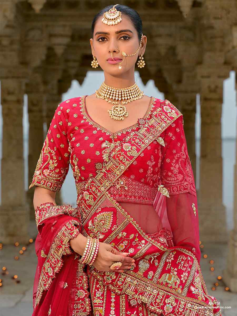 Pink Silk Embroidered Wedding Bridal Heavy Border Lehenga Choli