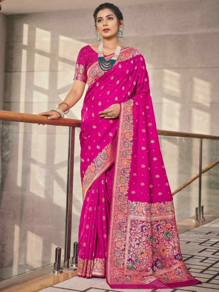 Pink Silk Embroidered Wedding Party Heavy Border Saree