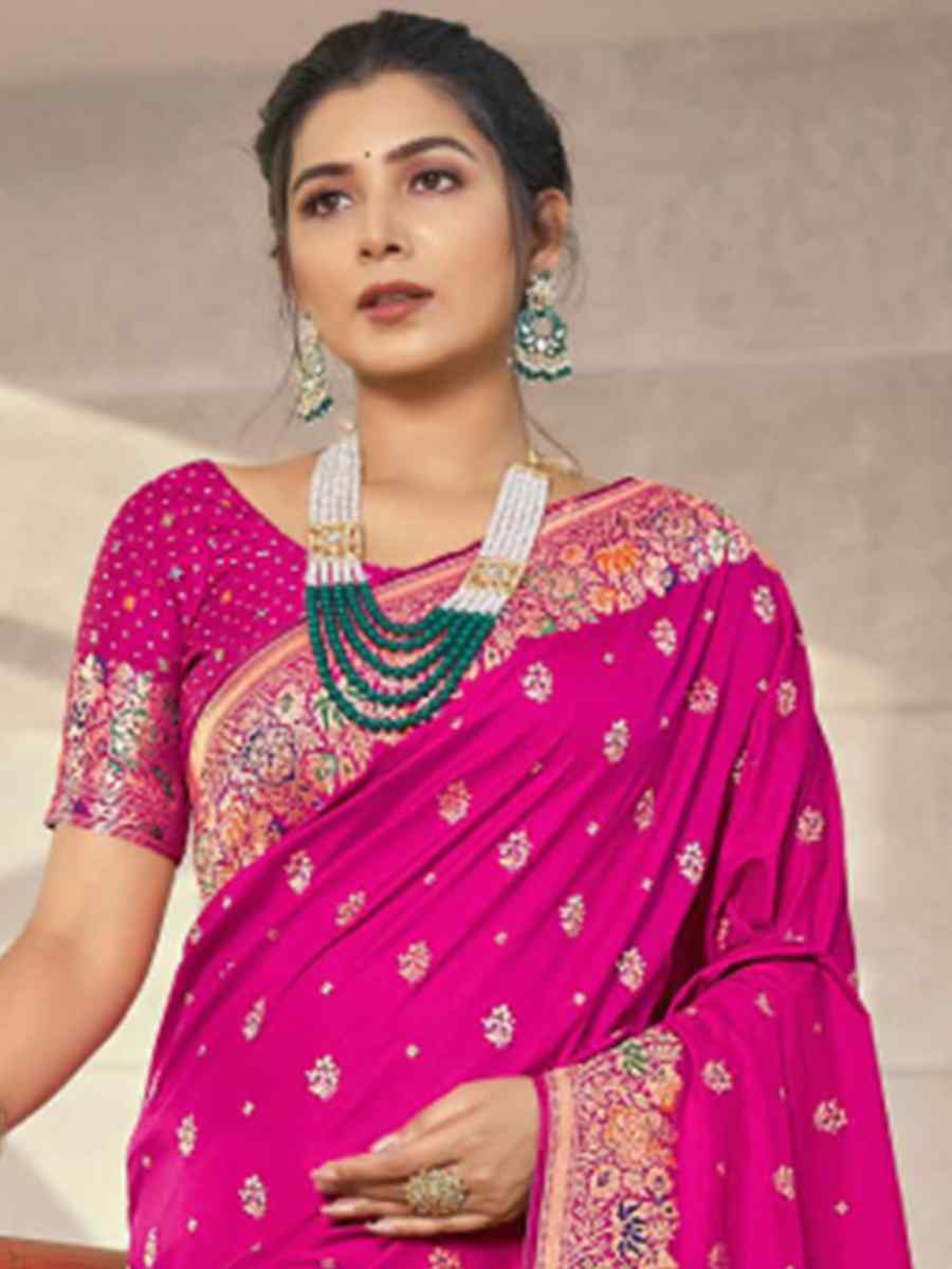 Pink Silk Embroidered Wedding Party Heavy Border Saree