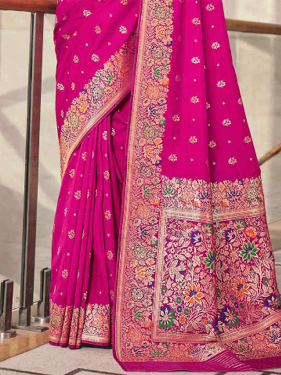 Pink Silk Embroidered Wedding Party Heavy Border Saree