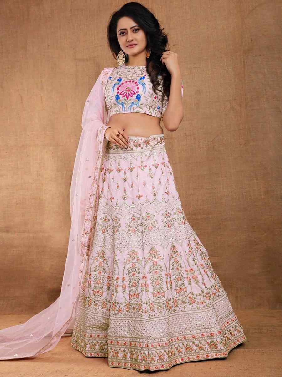 Pink Silk Embroidery Reception Party Wear Heavy Border Lehenga Choli