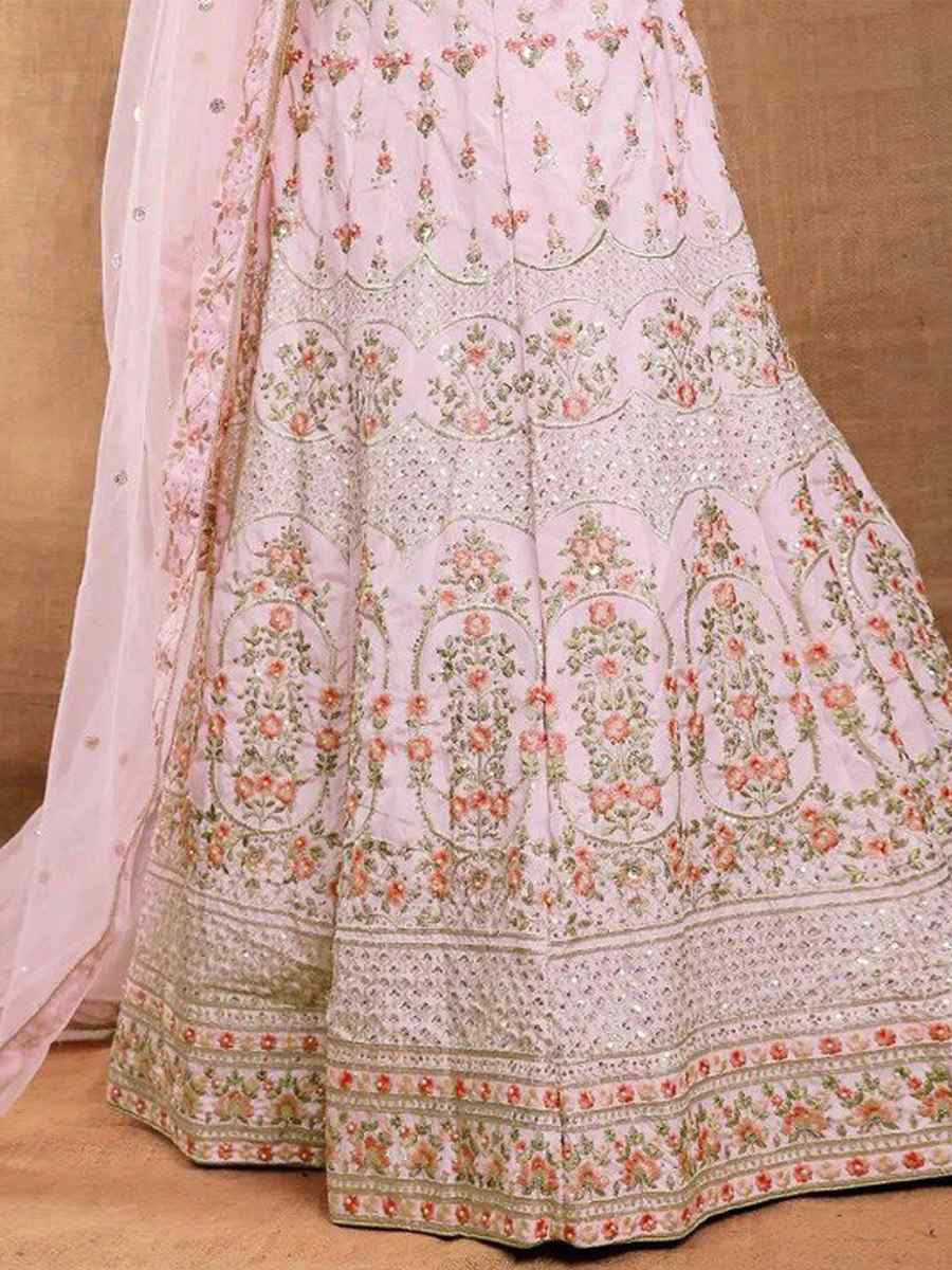 Pink Silk Embroidery Reception Party Wear Heavy Border Lehenga Choli