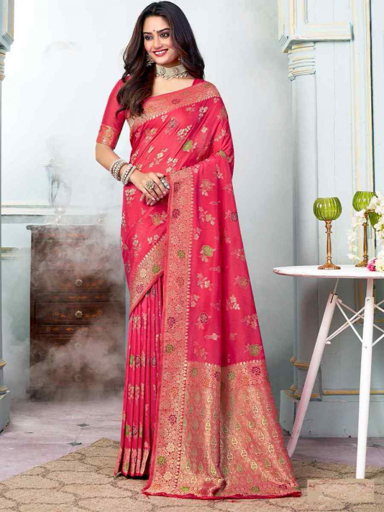 Pink Silk Handwoven Festival Wedding Heavy Border Saree