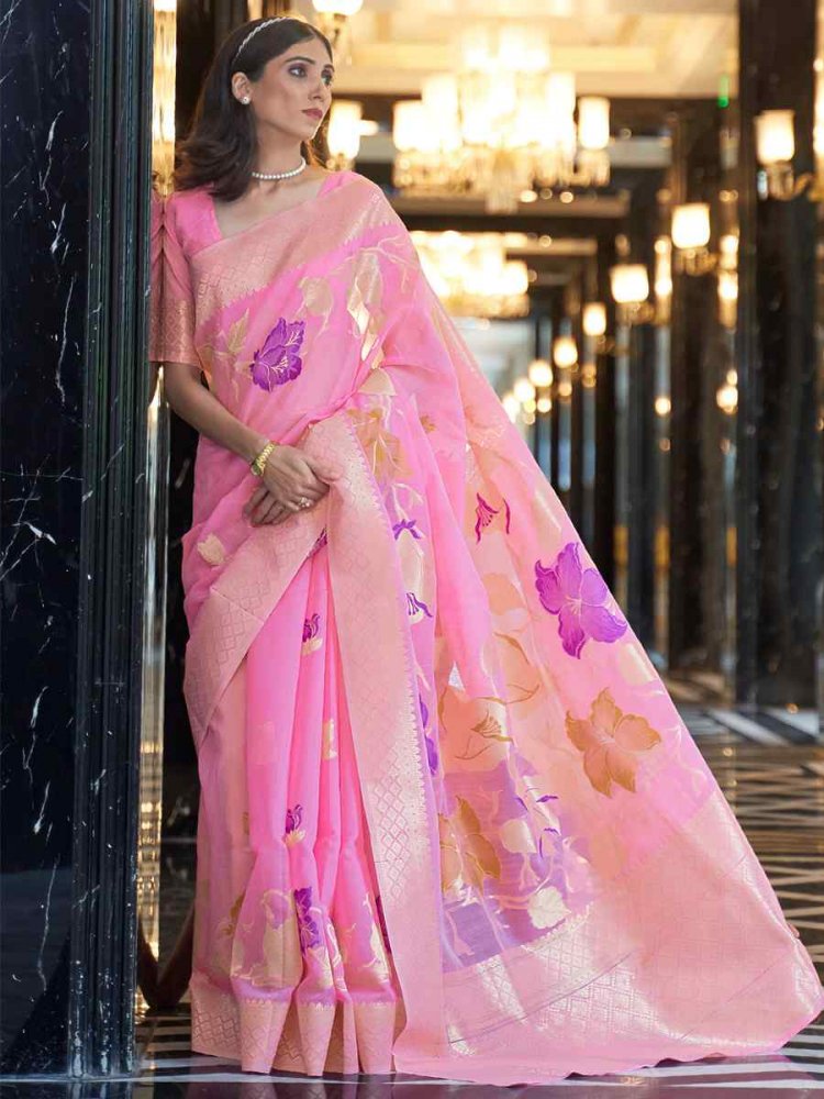 Pink Silk Handwoven Festival Wedding Heavy Border Saree