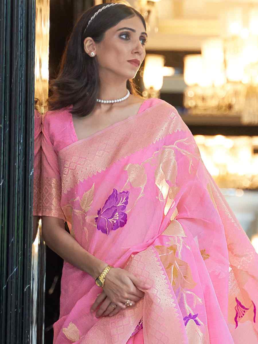 Pink Silk Handwoven Festival Wedding Heavy Border Saree