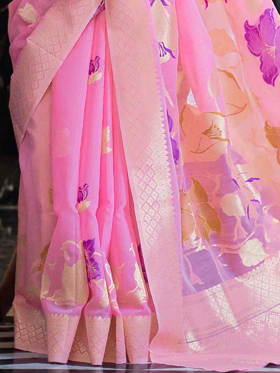 Pink Silk Handwoven Festival Wedding Heavy Border Saree