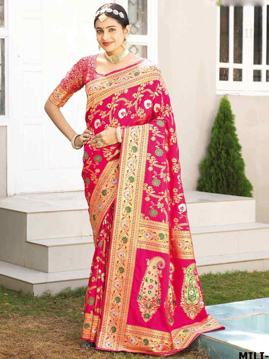 Pink Silk Handwoven Festival Wedding Heavy Border Saree