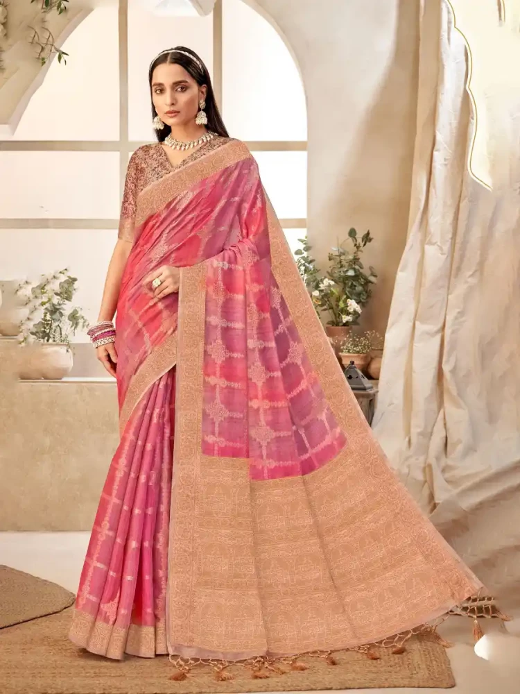 Pink Silk Handwoven Festival Wedding Heavy Border Saree